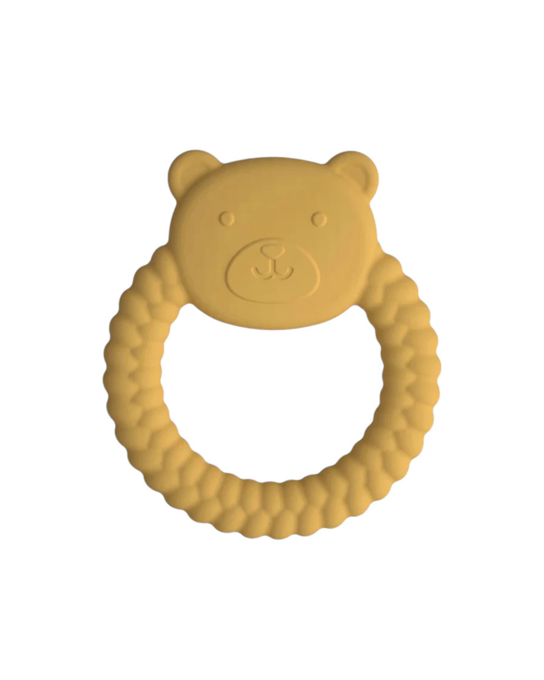 Yellow bear-shaped teething ring on a white background