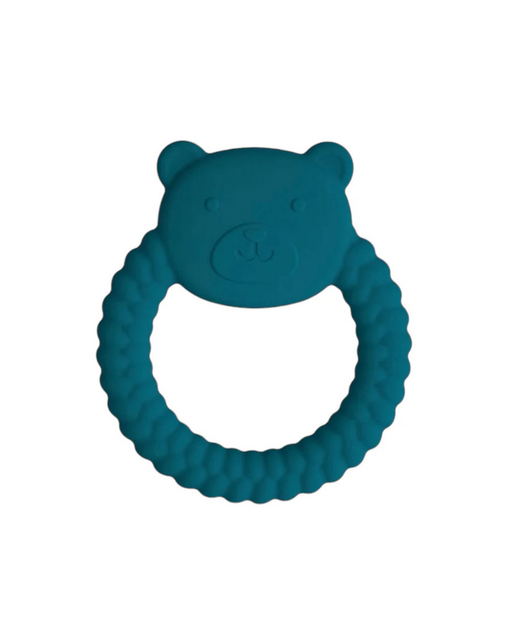Blue bear-shaped teething ring on a white background