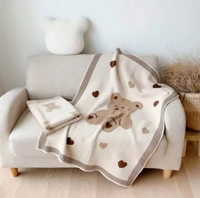 Heartwarming Knitted Baby Blanket with Teddy Bear and Hearts by K Mitchell Collections